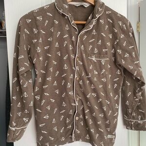 Brown Pajama Top with White Paper Airplane Print